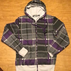 Black, grey, and purple hoodie